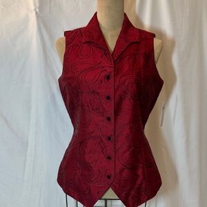 Dana Buchman Deep Red Embroidered Silk Vest with Black Buttons. NWT. 8.